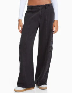 BERSHKA Jean cargo wide leg multipoches Marron Shop