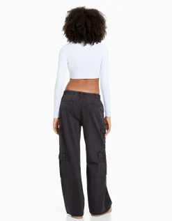 BERSHKA Jean cargo wide leg multipoches Marron Shop
