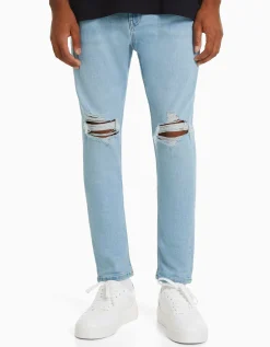 BERSHKA Jean carotte déchiré Bleu Hot