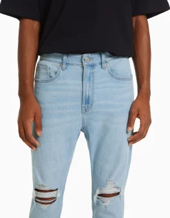 BERSHKA Jean carotte déchiré Bleu Hot