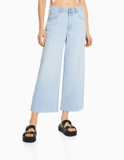 BERSHKA Jean cropped wide leg Bleu clair New