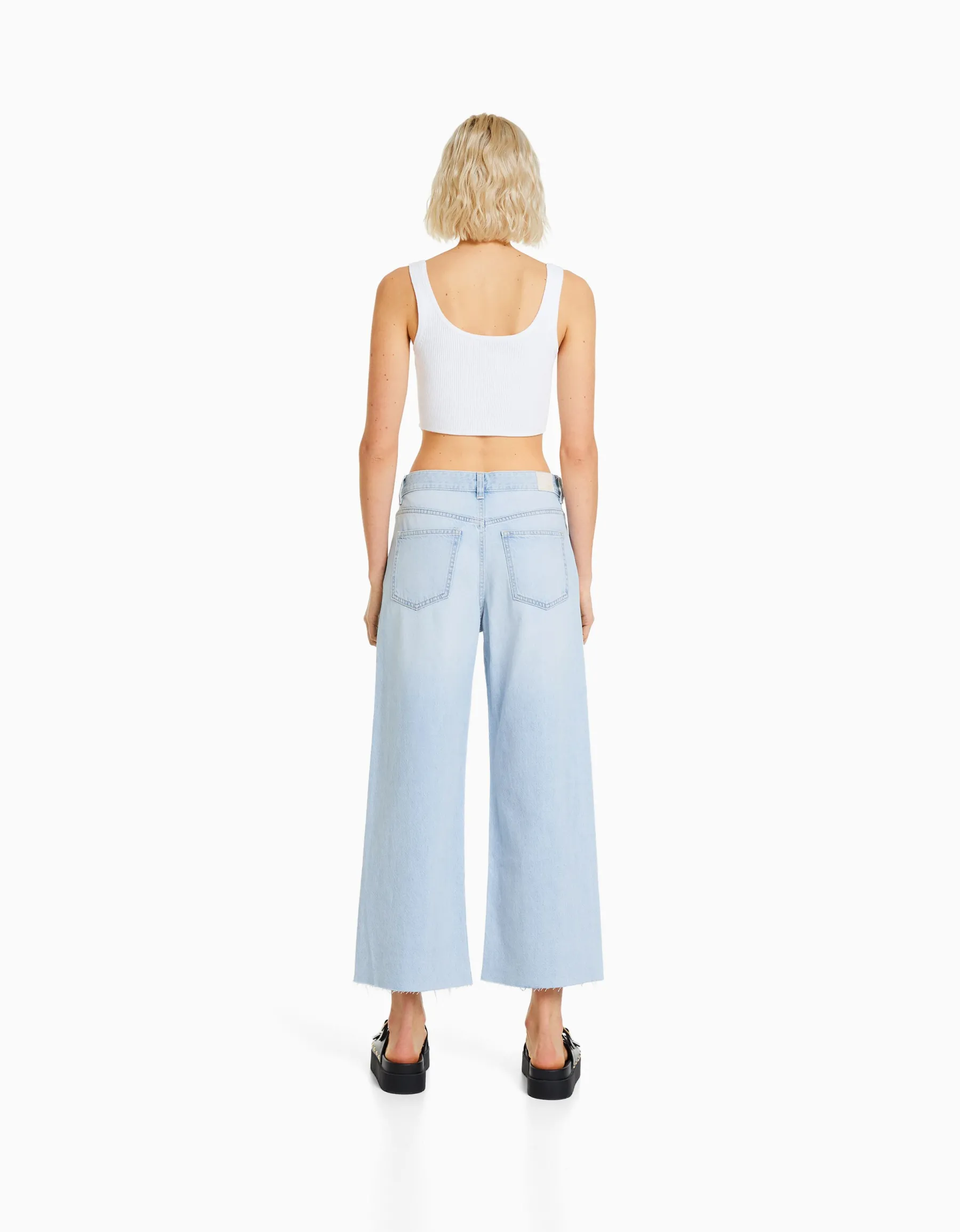 BERSHKA Jean cropped wide leg Bleu clair New