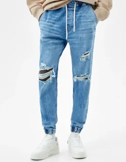 BERSHKA Jean jogger déchiré Bleu New