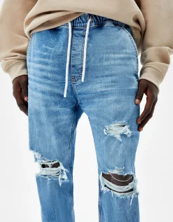 BERSHKA Jean jogger déchiré Bleu New