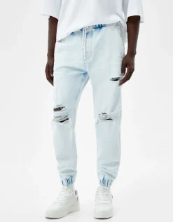 BERSHKA Jean jogger déchiré Bleu New