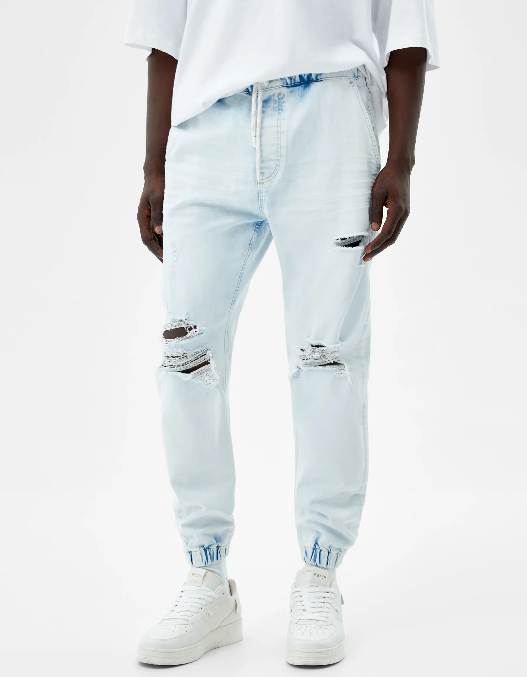 BERSHKA Jean jogger déchiré Bleu New