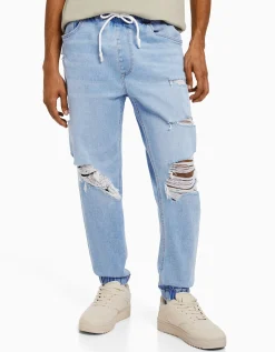 BERSHKA Jean jogger déchiré Bleu New