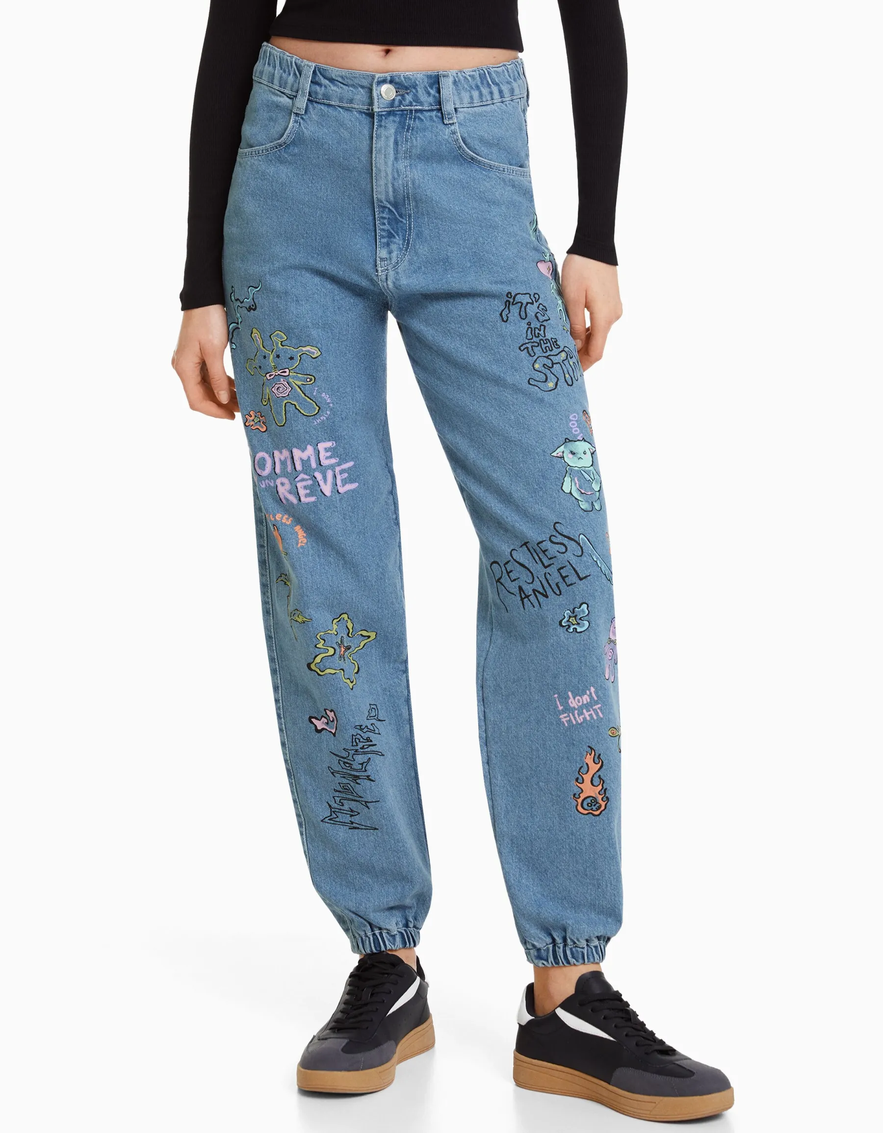 BERSHKA Jean jogger graffiti Bleu lavé Clearance