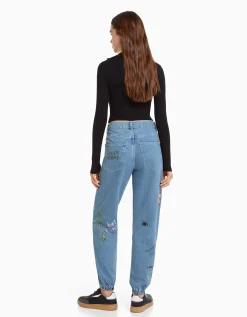 BERSHKA Jean jogger graffiti Bleu lavé Clearance