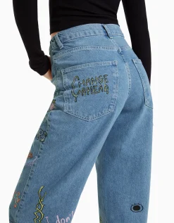 BERSHKA Jean jogger graffiti Bleu lavé Clearance