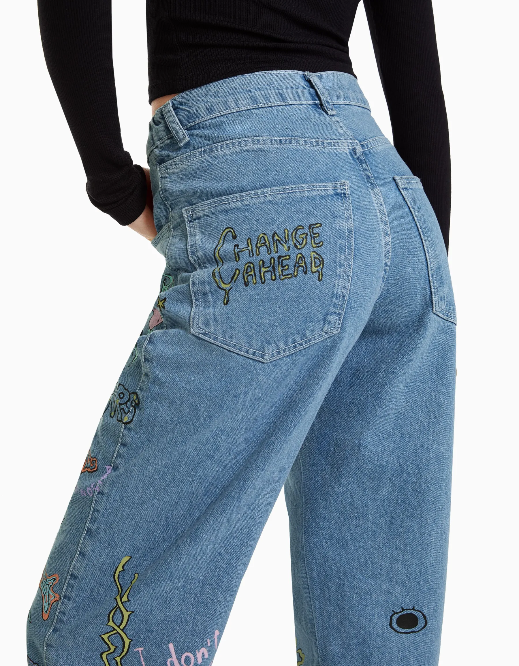 BERSHKA Jean jogger graffiti Bleu lavé Clearance