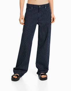 BERSHKA Jean loose straight rayures tennis Bleu Online