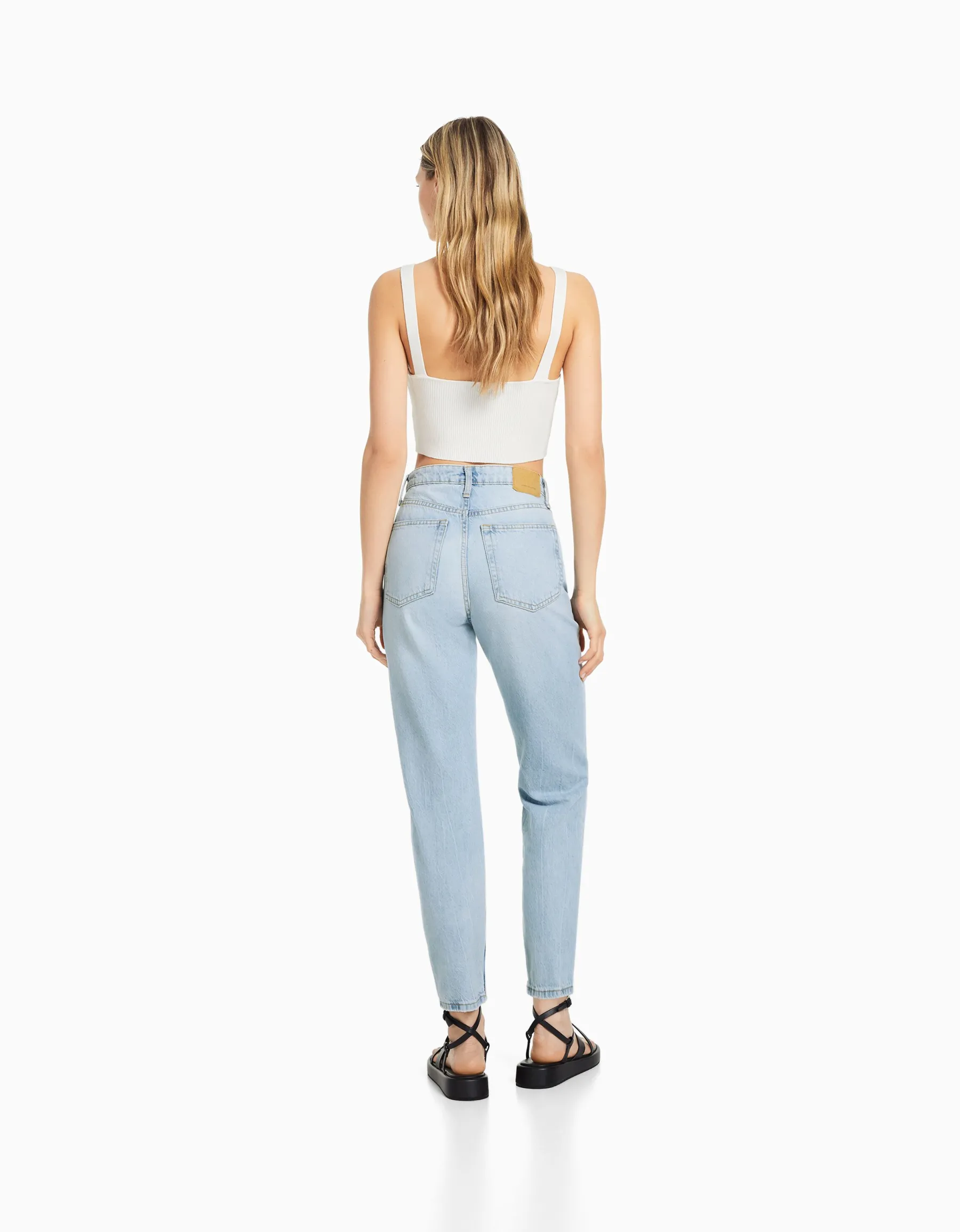 BERSHKA Jean mom déchiré Bleu lavé Flash Sale