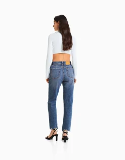 BERSHKA Jean mom déchiré Bleu Store