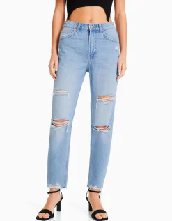 BERSHKA Jean mom déchiré Bleu Store