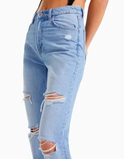 BERSHKA Jean mom déchiré Bleu Store