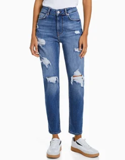 BERSHKA Jean mom décontracté déchiré Bleu Hot