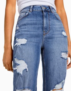BERSHKA Jean mom décontracté déchiré Bleu Hot