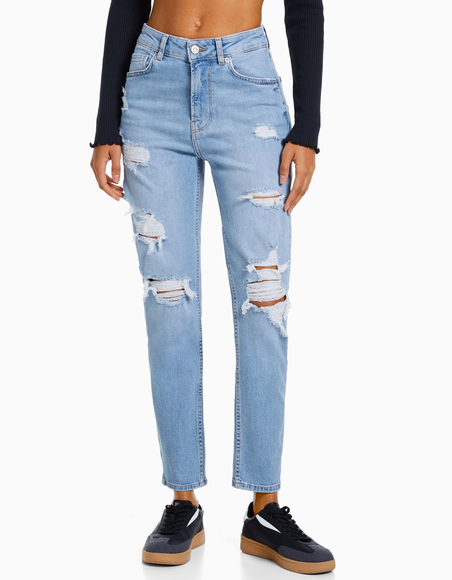 BERSHKA Jean mom décontracté déchiré Bleu Flash Sale