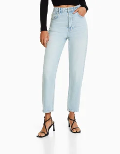 BERSHKA Jean mom slim décontracté Bleu lavé Best