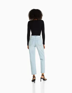 BERSHKA Jean mom slim décontracté Bleu lavé Best