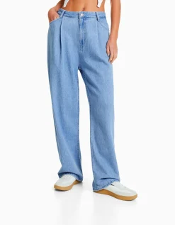 BERSHKA Jean 90’s plissé Bleu lavé Sale