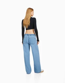 BERSHKA Jean 90’s taille élastique poches Bleu lavé Best Sale