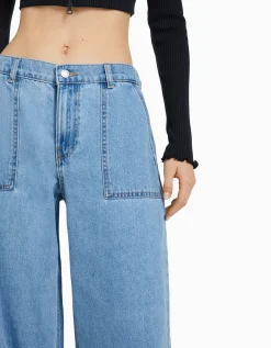 BERSHKA Jean 90’s taille élastique poches Bleu lavé Best Sale