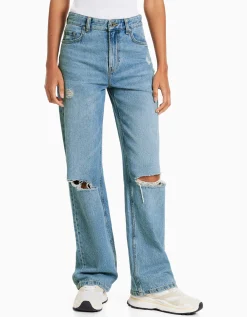BERSHKA Jean 90’s wide déchiré Bleu Cheap