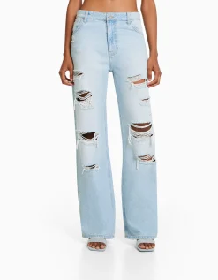 BERSHKA Jean 90’s wide leg déchiré Bleu lavé Cheap