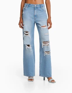 BERSHKA Jean 90’s wide leg déchiré Bleu lavé Discount