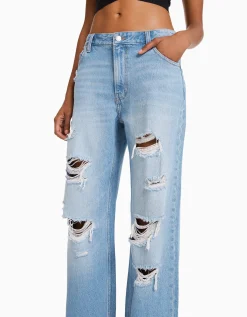 BERSHKA Jean 90’s wide leg déchiré Bleu lavé Discount
