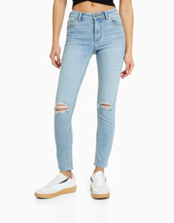 BERSHKA Jean skinny taille basse vintage Bleu Store