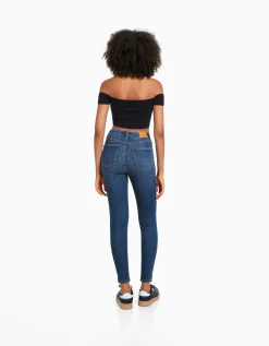 BERSHKA Jean skinny taille très haute Bleu Discount