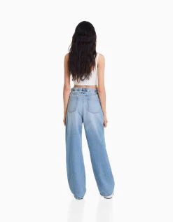 BERSHKA Jean straight taille élastique Bleu lavé New