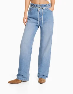 BERSHKA Jean straight taille élastique Bleu lavé Flash Sale