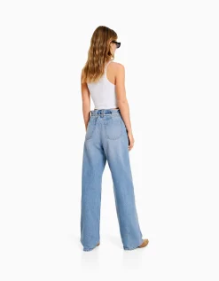 BERSHKA Jean straight taille élastique Bleu lavé Flash Sale