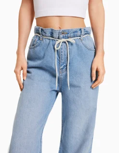 BERSHKA Jean straight taille élastique Bleu lavé Discount