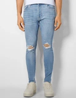 BERSHKA Jeans super skinny déchirés Bleu Flash Sale