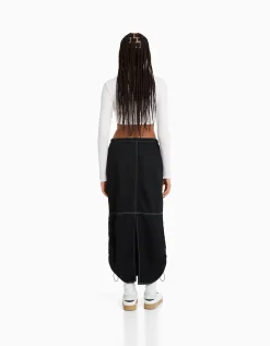 BERSHKA Jupe denim midi parachute Noir Shop