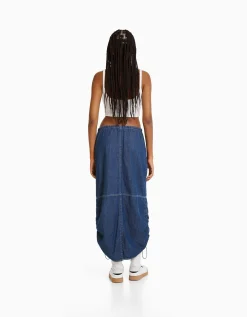 BERSHKA Jupe denim midi parachute Noir Cheap
