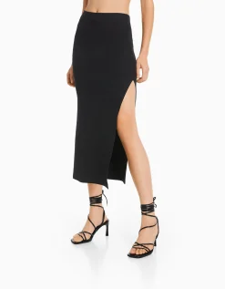 BERSHKA Jupe longue coton Noir Cheap