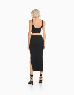BERSHKA Jupe longue coton Noir Flash Sale