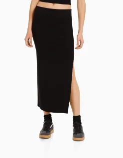 BERSHKA Jupe longue coton Noir Shop