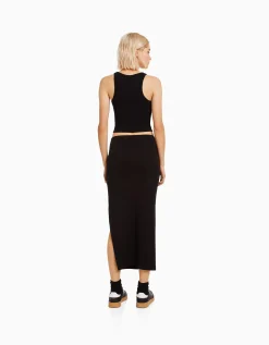 BERSHKA Jupe longue coton Noir Shop