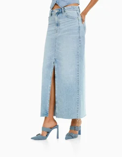 BERSHKA Jupe longue denim Bleu lavé Outlet