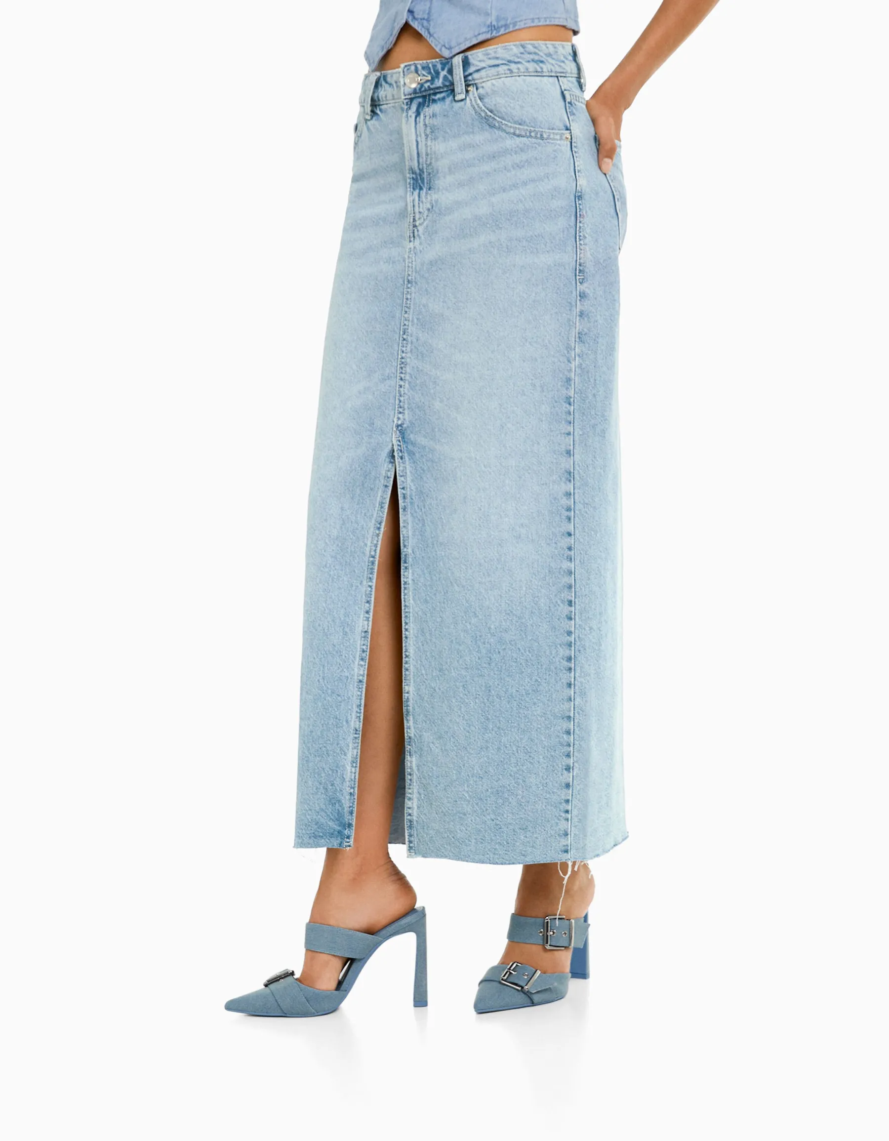 BERSHKA Jupe longue denim Bleu lavé Outlet