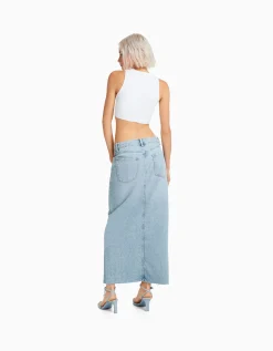 BERSHKA Jupe longue denim Bleu lavé Best