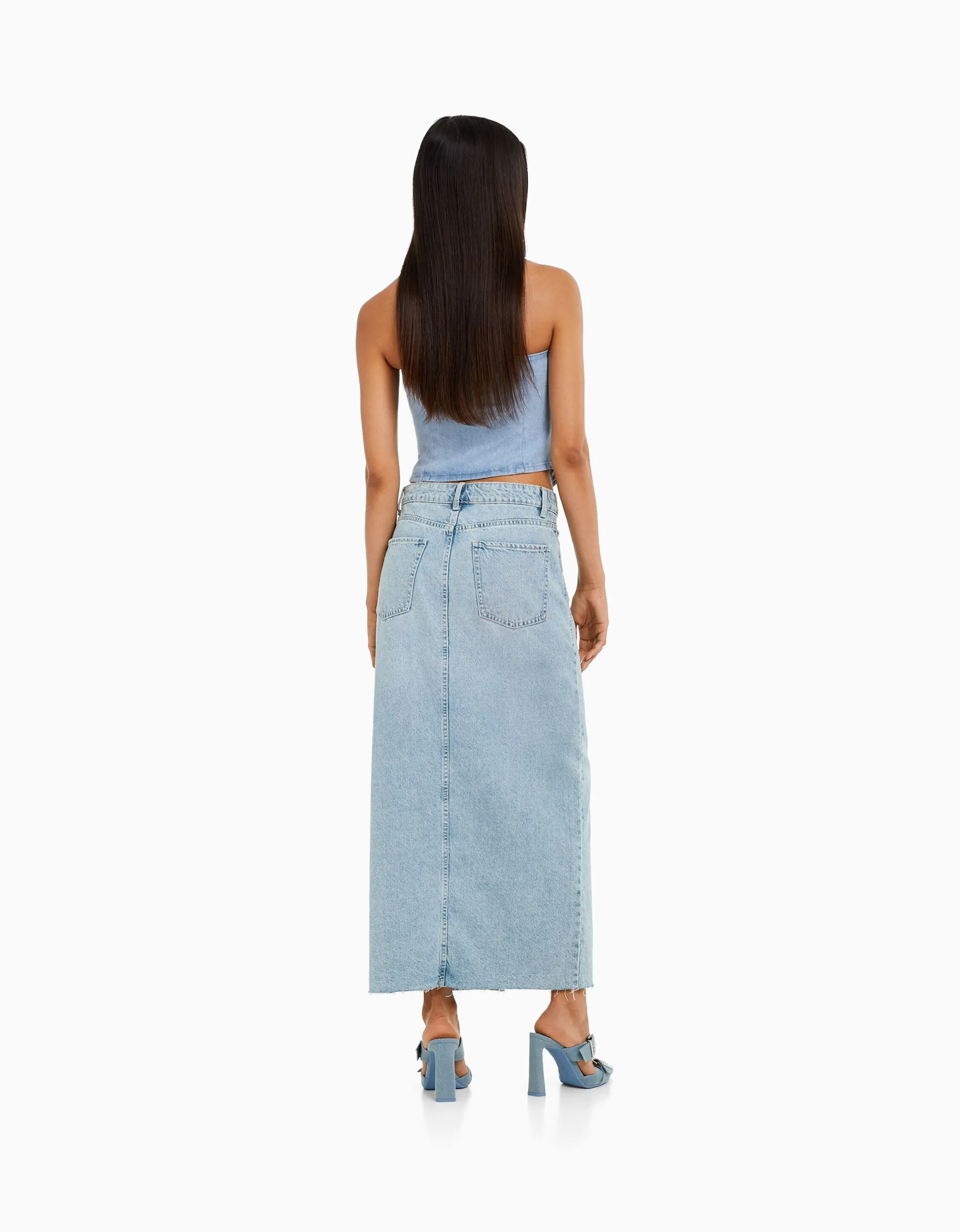 BERSHKA Jupe longue denim Bleu lavé Cheap