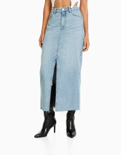 BERSHKA Jupe longue denim Bleu lavé Discount